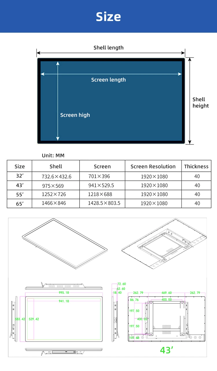 21.5/32/43/55/65inch Orignal LCD Display Touch Screen Advertising HD Standing Digital Signage Digital Signage for Wall Mounted