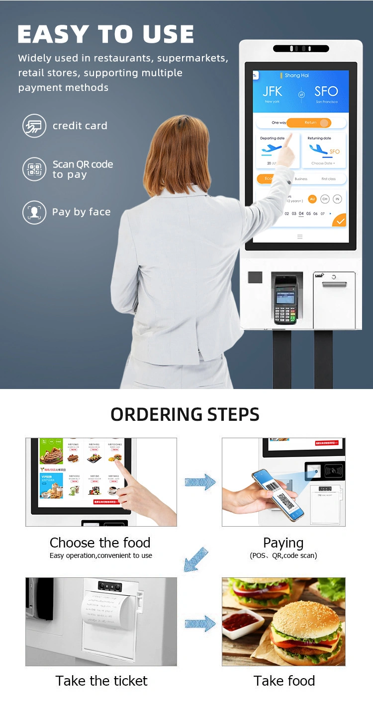 32 Inch Bill Self Order Self Payment Touchscreen Kiosk with Qr Code Scanner and Printer for Mcdonalds