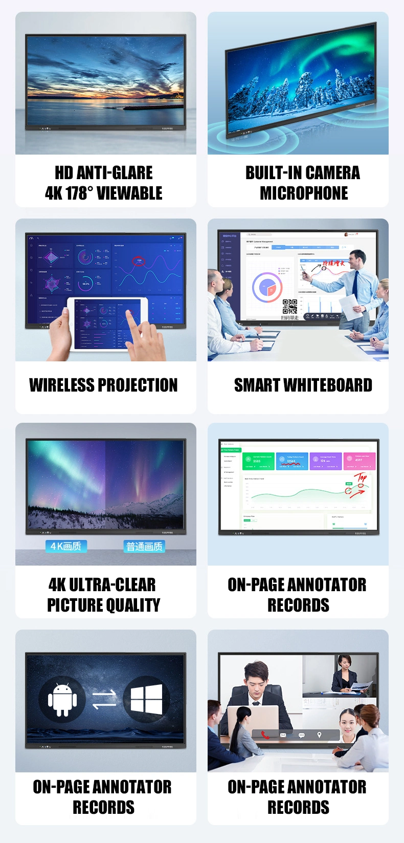 Dual OS Android / X86 Windows Capacitive or Infrared Touch Screen Interactive Whiteboard Classroom Teaching 55